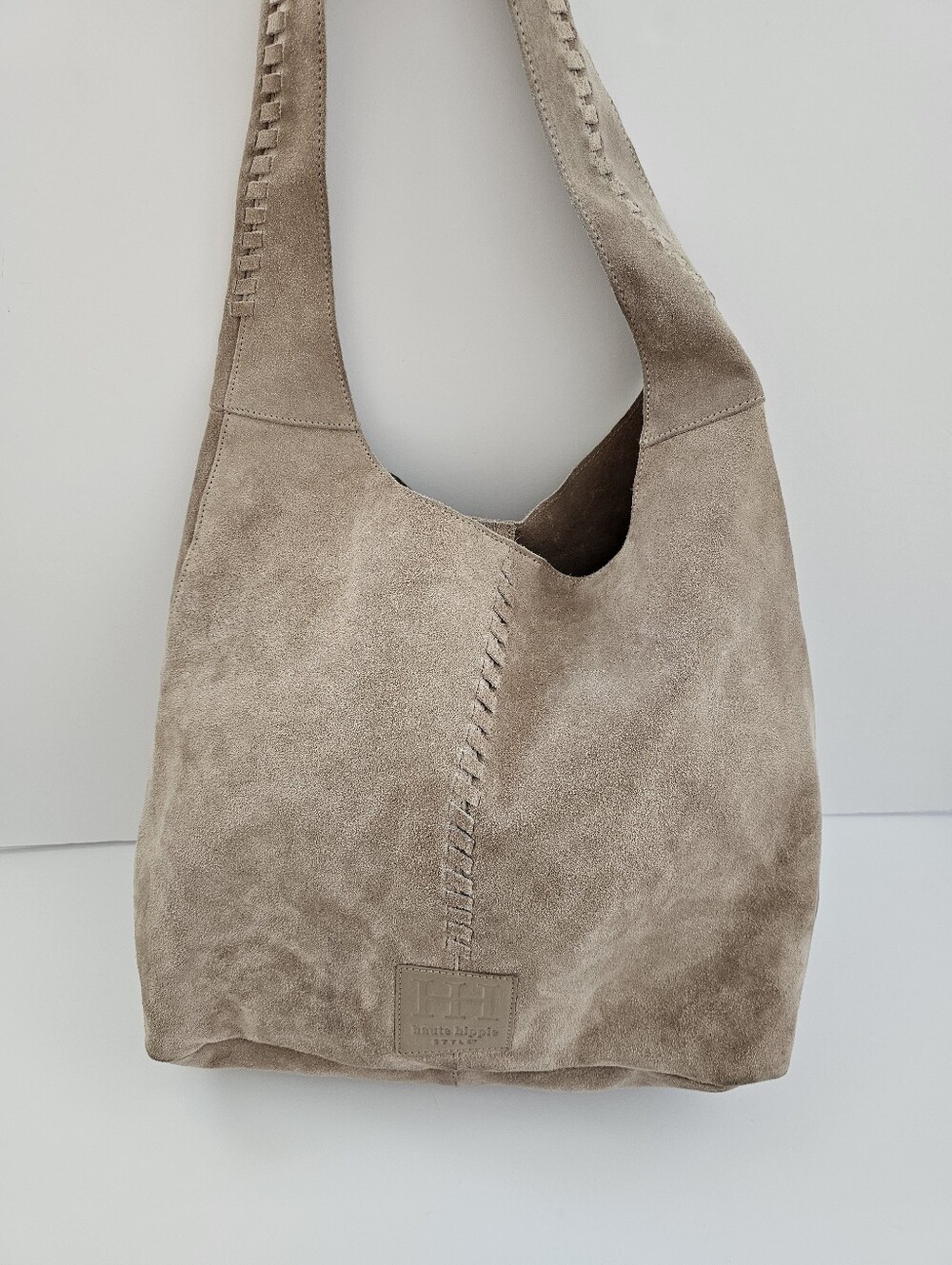 Haute Hippie Style Beige Genuine Suede Leather Slouchy Shoulder Bag Handbag - Picture 3 of 13